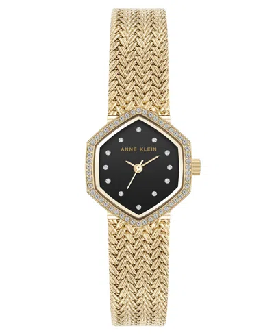 Anne Klein Women's Quartz Hexagonal Gold-tone Stainless Steel Mesh Crystal Bracelet Watch 21.5mm In White