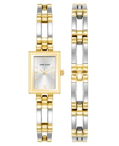 Anne Klein Women's Quartz Iconic Two-tone Metal Alloy Rectangular Case Bangle Watch Set, 17mm In Silver-tone,gold-tone