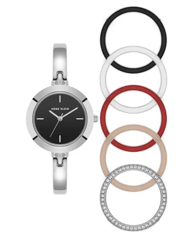 Anne Klein Women's Quartz Interchangeable Bezel Silver-tone Alloy Metal Watch Set, 30mm In White,blush,red,black,silver-tone