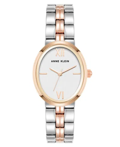 Anne Klein Women's Quartz Minimalist Oval Silver-tone And Rose Gold-tone Alloy Metal Bracelet Watch, 26mm In Silver-tone,rose Gold-tone