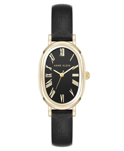 Anne Klein Women's Quartz Oval Black Polyurethane Leather And Gold-tone Metal Alloy Watch, 23mm In Black,gold-tone
