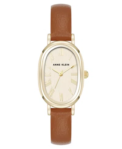 Anne Klein Women's Quartz Oval Brown Polyurethane Leather And Gold-tone Metal Alloy Watch, 23mm In Brown,gold-tone
