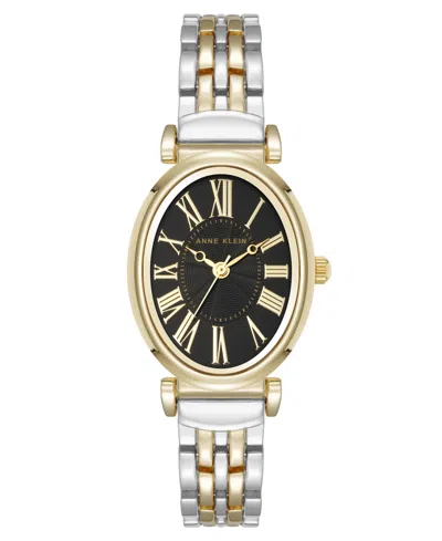 Anne Klein Women's Quartz Oval Roman Numeral Two-tone Metal Alloy And Black Dial Watch, 25mm In Black,silver-tone,gold-tone