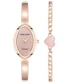 Anne Klein Women's Quartz Oval Rose Quartz Gemstone And Rose Gold-tone Alloy Metal Bangle Watch Set, 20mm In Pink,rose Gold-tone