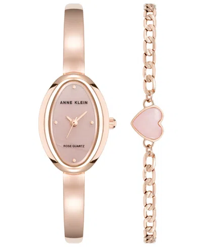 Anne Klein Women's Quartz Oval Rose Quartz Gemstone And Rose Gold-tone Alloy Metal Bangle Watch Set, 20mm In Pink,rose Gold-tone
