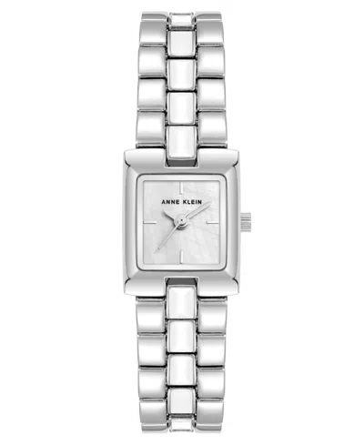 Anne Klein Women's Quartz Petite White Enamel Center Link Silver-tone Alloy Metal Bracelet Watch, 17.5mm In White,silver-tone