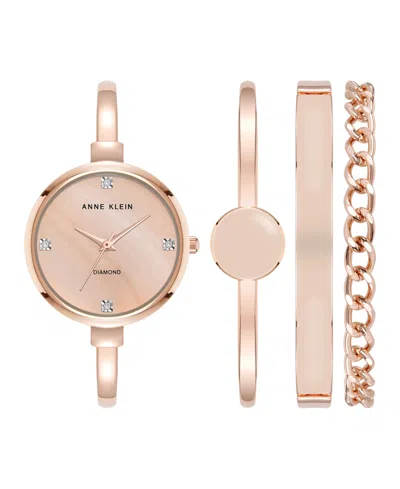 Anne Klein Women's Quartz Pink Enamel And Rose Gold-tone Metal Alloy Bangle Watch Set, 32mm In Pink,rose Gold-tone