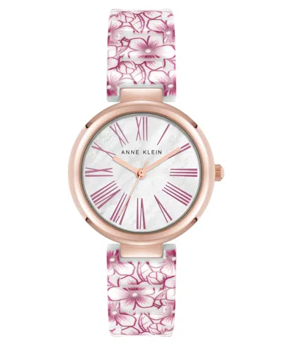 Anne Klein Women's Quartz Pink Flower Pattern Ceramic Bracelet Watch, 33mm