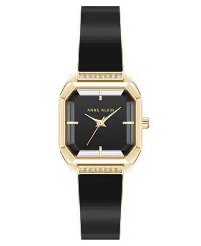 Anne Klein Women's Quartz Premium Crystal Black Enamel And Gold-tone Alloy Metal Bangle Watch, 23mm In Black,gold-tone