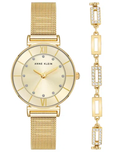 Anne Klein Women's Quartz Premium Round Gold-tone Stainless Steel Mesh Watch Set, 29mm