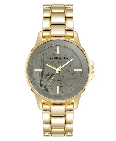 Anne Klein Women's Quartz Pyrite Gemstone And Gold-tone Alloy Metal Bracelet Watch, 30mm In Grey,gold-tone