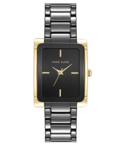 Anne Klein Women's Quartz Rectangle Black Dial Gold-tone Black Bracelet Watch 28mm X 35mm