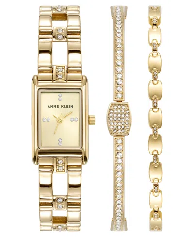 Anne Klein Women's Quartz Rectangle Gold-tone Alloy Metal Bracelet Watch Box Set 27mm X 17mm In Gray