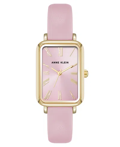 Anne Klein Women's Quartz Rectangular Pink Polyurethane Leather And Gold-tone Metal Alloy Watch, 23mm In Pink,gold-tone