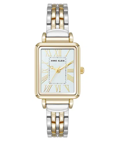 ANNE KLEIN WOMEN'S QUARTZ RECTANGULAR ROMAN NUMERAL TWO-TONE METAL ALLOY AND LIGHT BLUE DIAL WATCH, 23MM