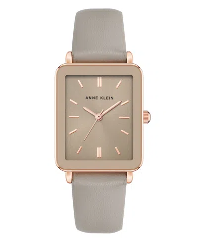Anne Klein Women's Quartz Rectangular Taupe Leather And Rose Gold-tone Metal Alloy Watch, 26mm