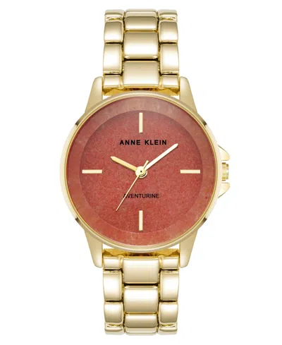 Anne Klein Women's Quartz Red Aventurine Gemstone And Gold-tone Alloy Metal Bracelet Watch, 30mm In Red,gold-tone