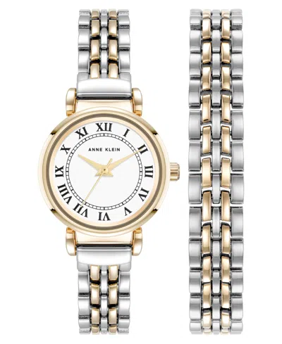 Anne Klein Women's Quartz Roman Numeral Two-tone Alloy Metal Bracelet Watch Set, 24mm In Silver-tone,gold-tone