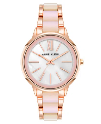Anne Klein Women's Quartz Rose Gold-tone Alloy And Iridescent Acetate Link Watch, 37mm In Pink