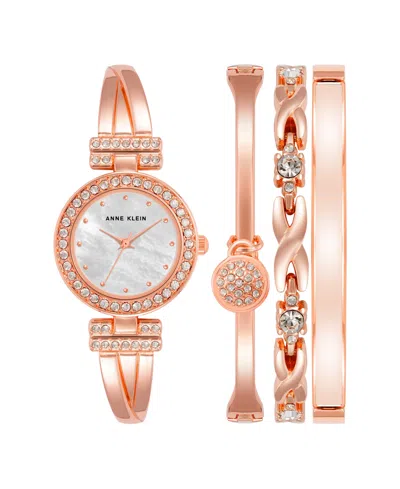 Anne Klein Women's Quartz Rose Gold-tone Metal Alloy Bangle Watch Set, 24mm In Pink