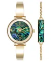 Anne Klein Women's Quartz Round Abalone Gemstone Gold-tone Alloy Metal Bangle Watch Set, 30mm In Blue,green,gold-tone