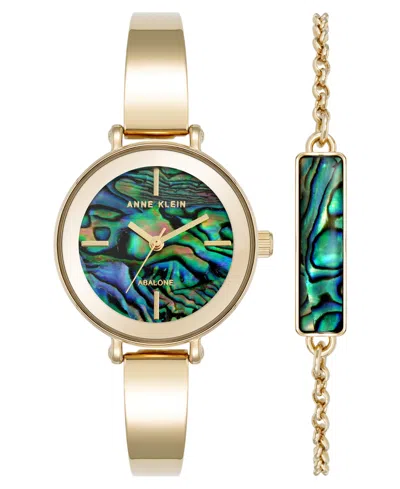 Anne Klein Women's Quartz Round Abalone Gemstone Gold-tone Alloy Metal Bangle Watch Set, 30mm In Blue,green,gold-tone