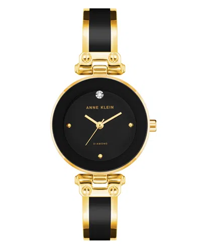 Anne Klein Women's Quartz Round Black Dial Gold-tone Black Bangle Watch 28mm X 34mm In Goldtone