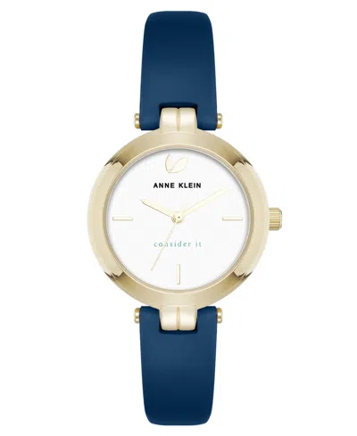 Anne Klein Women's Quartz Round Blue Leather And Gold-tone Metal Alloy Strap Watch, 32mm In Gold-tone,blue
