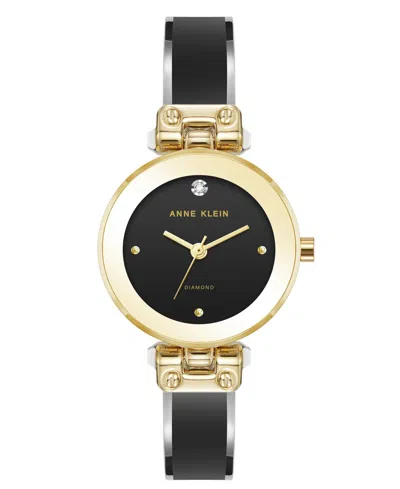 Anne Klein Women's Quartz Round Diamond Dial Gold-tone Alloy Metal And Enamel Bangle Watch 28mm In Pattern