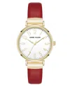 Anne Klein Women's Quartz Round Easy To Read Red Faux Leather And Gold-tone Alloy Metal Watch, 32mm In Red,gold-tone