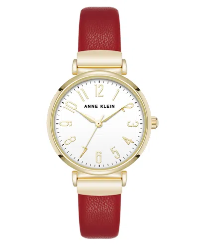 Anne Klein Women's Quartz Round Easy To Read Red Faux Leather And Gold-tone Alloy Metal Watch, 32mm In Red,gold-tone