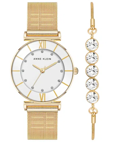 Anne Klein Women's Quartz Round Gold-tone Stainless Steel Mesh Watch Set, 32mm