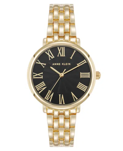 Anne Klein Women's Quartz Round Roman Numeral Gold-tone Metal Alloy And Black Dial Watch, 32mm In Black,gold-tone