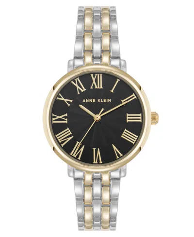 Anne Klein Women's Quartz Round Roman Numeral Two-tone Metal Alloy And Black Dial Watch, 32mm In Black,silver-tone,gold-tone