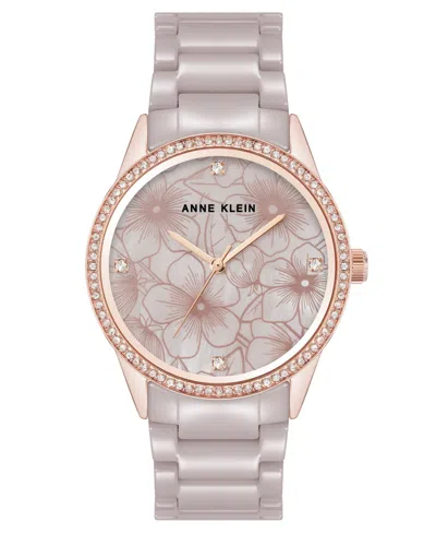 Anne Klein Women's Quartz Taupe Ceramic Bracelet Floral Dial Watch, 34mm In Rose Gold-tone,taupe