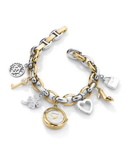 Anne Klein Women's Quartz Two-tone Metal Alloy Crystal Accented Charm Bracelet Watch, 20mm In Silver-tone,gold-tone