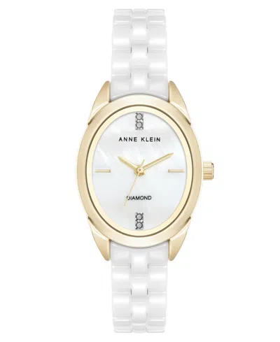 Anne Klein Women's Quartz White Ceramic Oval Diamond Dial Watch, 27mm