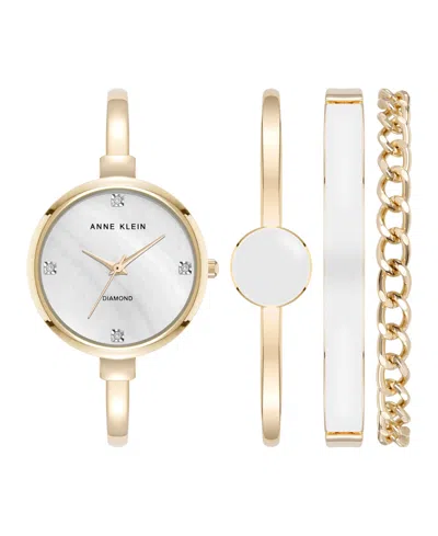Anne Klein Women's Quartz White Enamel And Gold-tone Metal Alloy Bangle Watch Set, 32mm In White,gold-tone