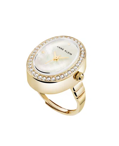 Anne Klein Women's Quartz White Mother Of Pearl And Gold-tone Alloy Metal Ring Watch, 17mm In White,gold-tone