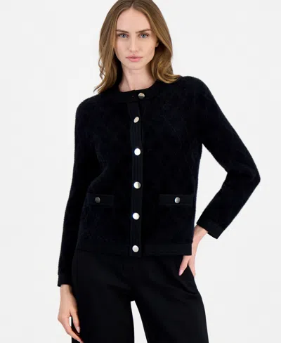 Anne Klein Women's Quilted Eyelash Yarn Cardigan In Black