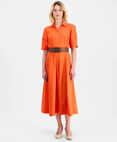 Anne Klein Women's Raglan-sleeve Midi Shirtdress In Carrot
