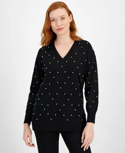 Anne Klein Rhinestone Embellished Diamond Stitch Sweater In Anne Black