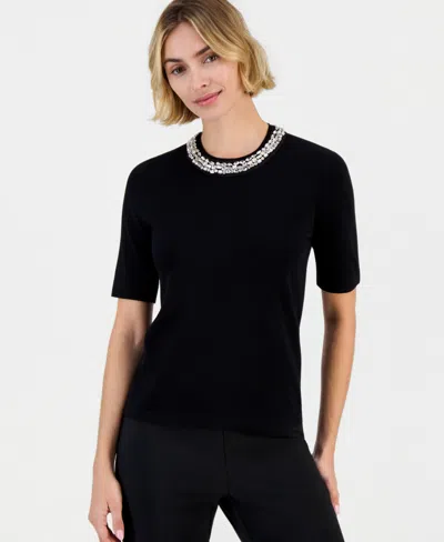 Anne Klein Women's Rhinestone-embellished Short-sleeve Sweater In Black