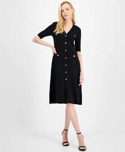 Anne Klein Women's Ribbed Button-front A-line Dress In Anne Black