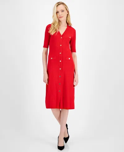 Anne Klein Women's Ribbed Button-front A-line Dress In Poppy