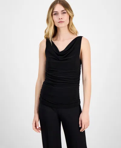 Anne Klein Women's Ruched Draped-neck Textured Crepe Knit Top