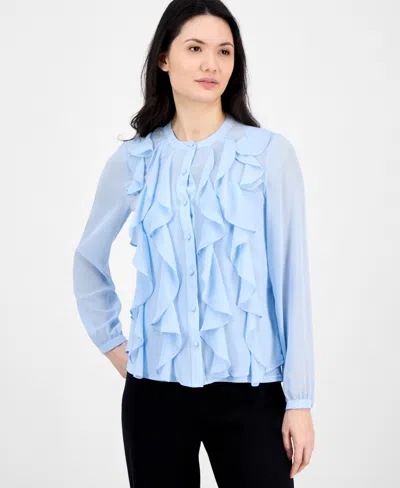 ANNE KLEIN WOMEN'S RUFFLE-FRONT BUTTON-FRONT BLOUSE