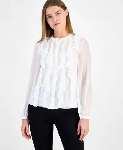 Anne Klein Women's Ruffle-front Button-front Blouse In White Dove