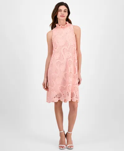 ANNE KLEIN WOMEN'S RUFFLE-NECK SLEEVELESS SHIFT LACE DRESS