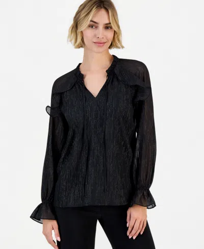 Anne Klein Women's Ruffle Raglan Long-sleeve V-neck Chiffon Blouse In Multi